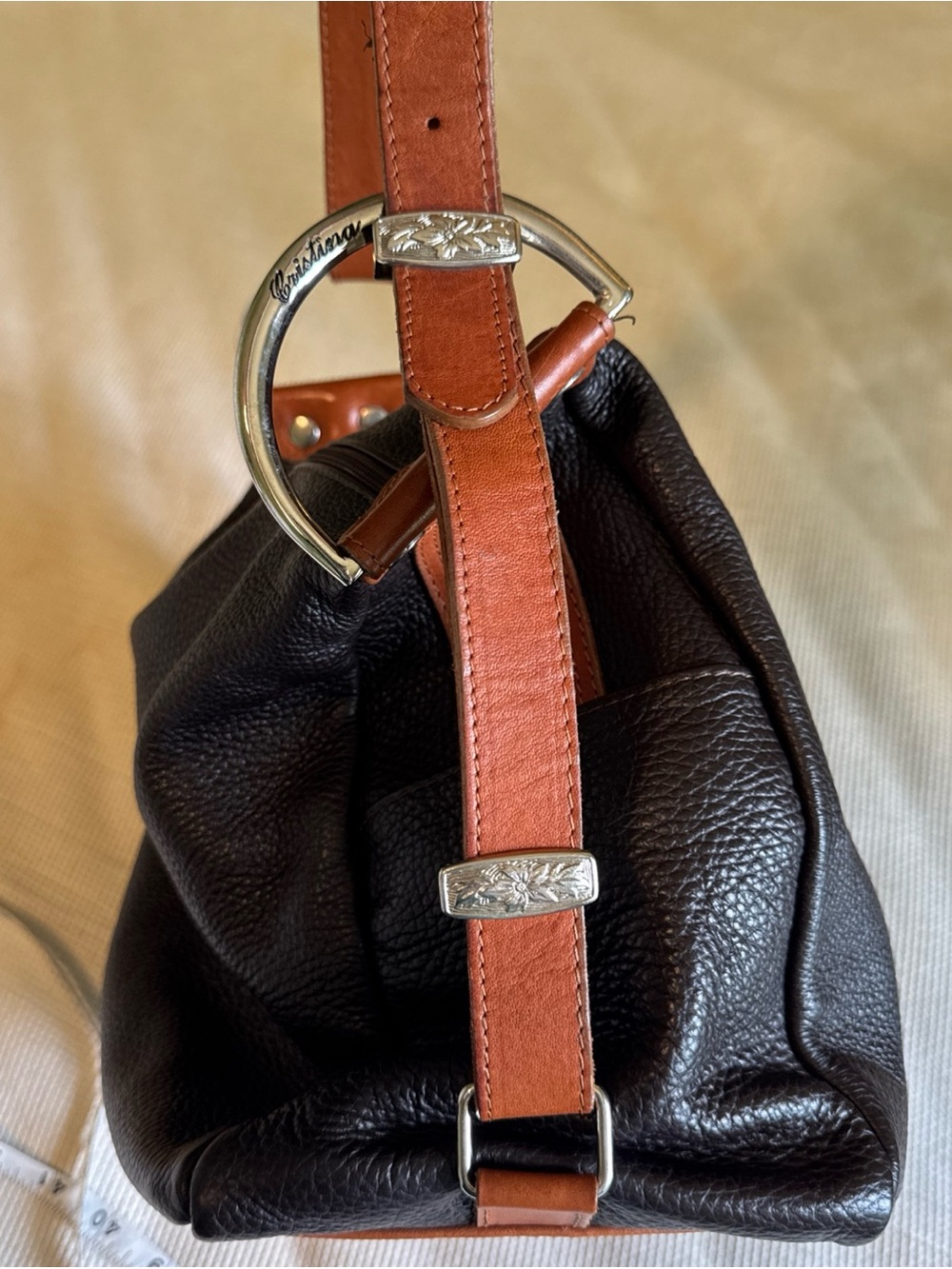 Cristina Italy Genuine Leather Shoulder Bag Brown Pebbled Leather Cognac Trim - Picture 9 of 11